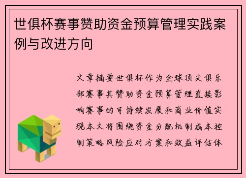世俱杯赛事赞助资金预算管理实践案例与改进方向