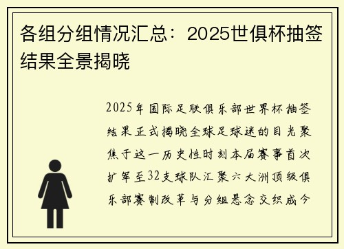 各组分组情况汇总：2025世俱杯抽签结果全景揭晓